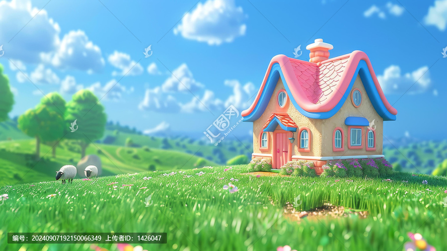 綠坡上的卡通小屋