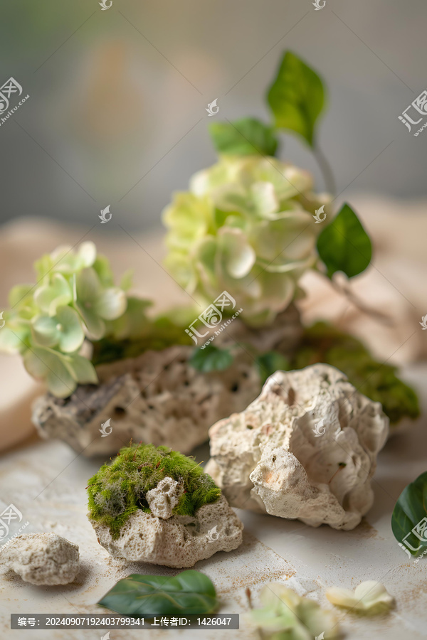 綠色的苔蘚覆蓋在白色的巖石上，周圍是綠色的葉子
