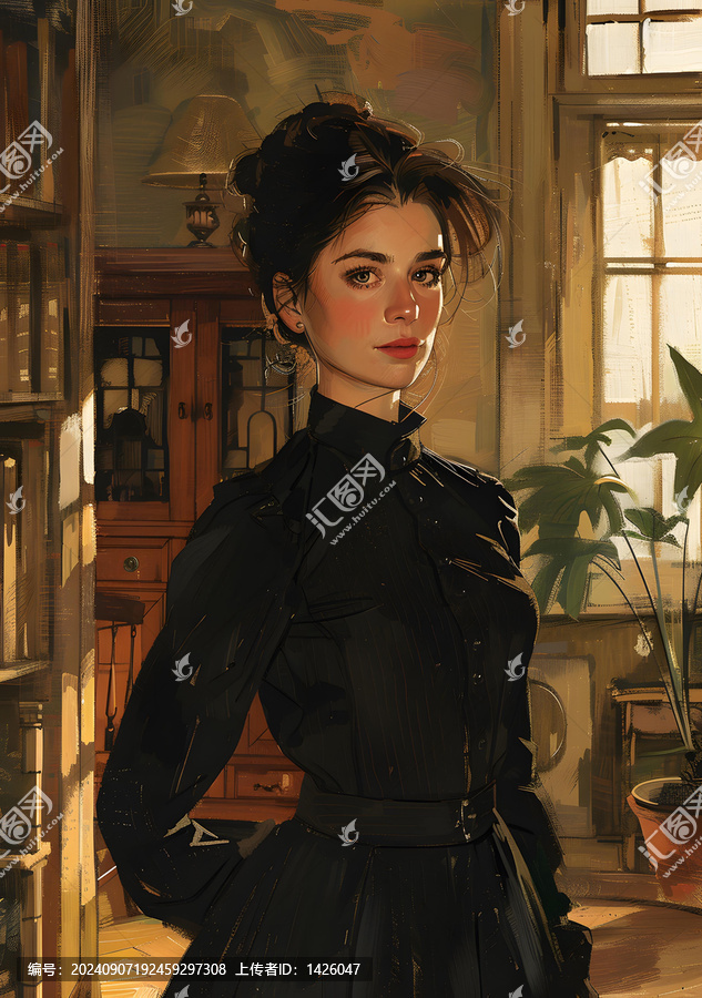 身穿黑色連衣裙的女性肖像，站在書架和窗戶的房間里