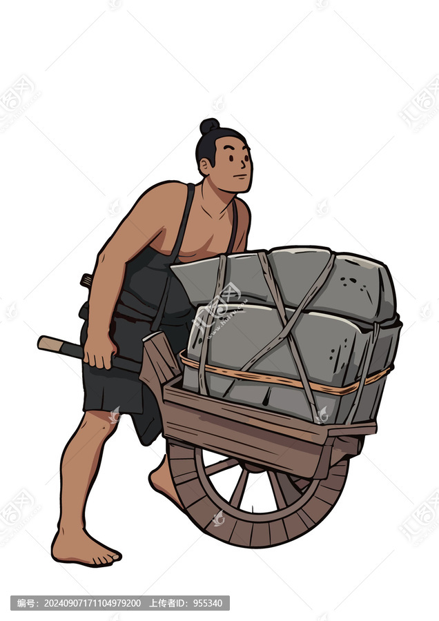 手繪獨(dú)輪車古人運(yùn)輸石頭插畫