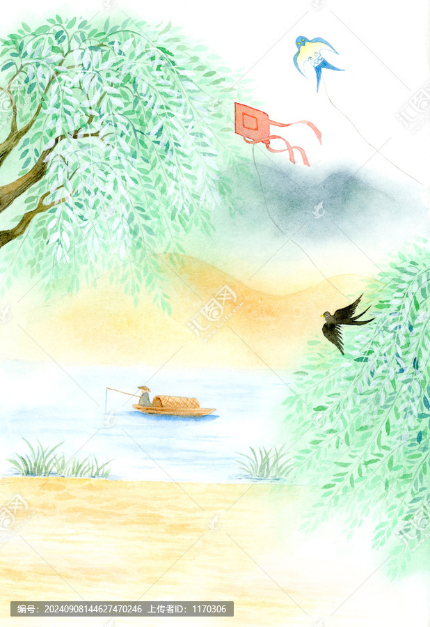 手繪水彩古風(fēng)春天放風(fēng)箏踏青垂釣