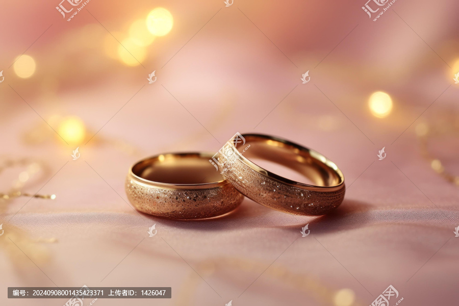 兩枚金色結(jié)婚戒指在粉玫瑰花和彩燈的背景上