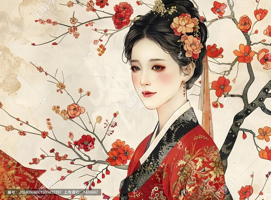 身穿紅色漢服的中國美女站在桃花樹前