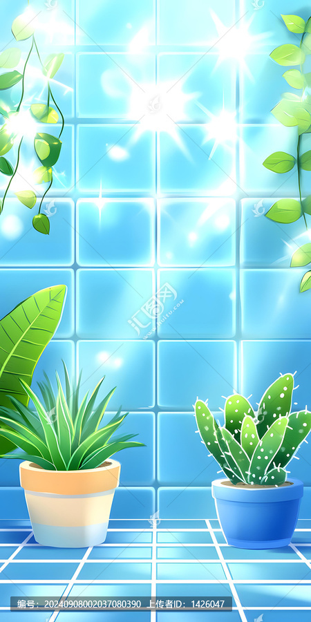 藍(lán)色瓷磚浴室綠植背景