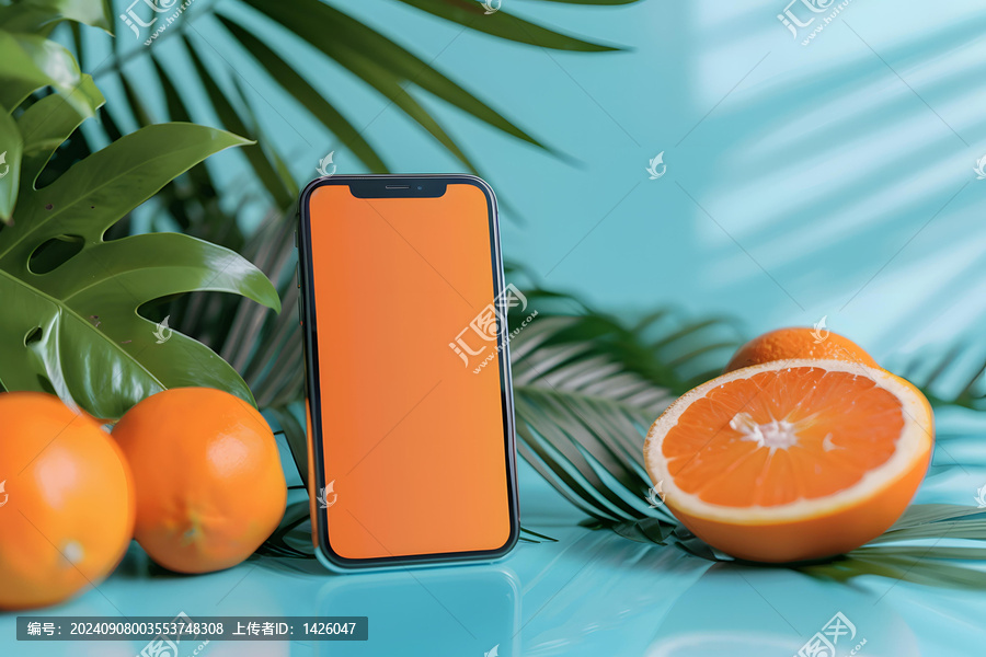 橙色手機模型，熱帶葉子，藍色背景
