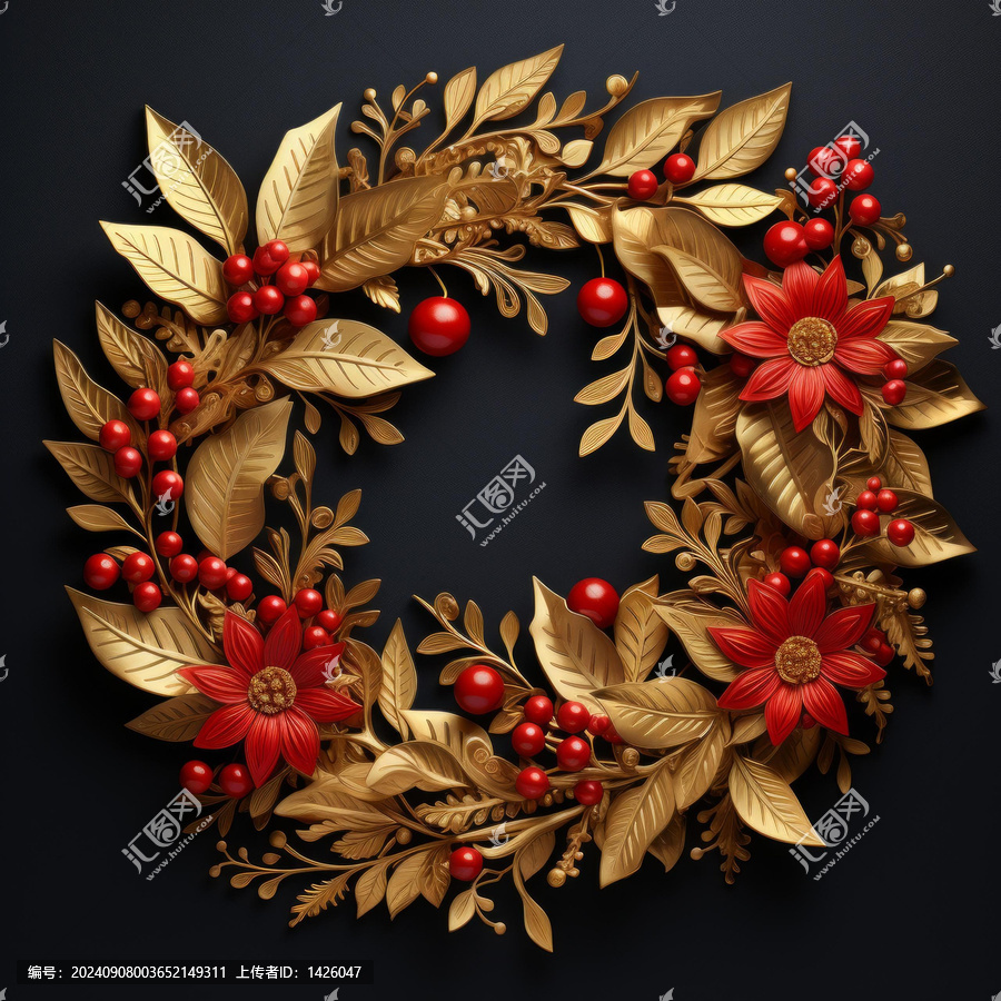 金色花朵和紅色漿果圣誕花環(huán)