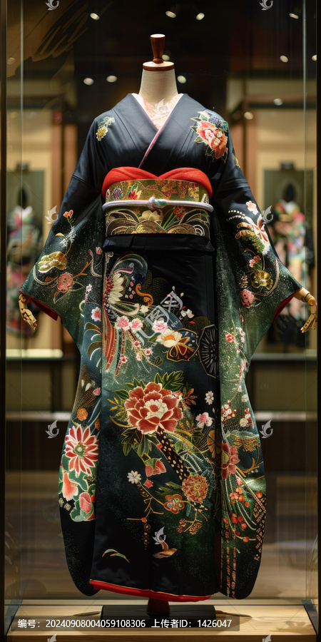 一件帶花卉圖案的和服和一條紅色腰帶