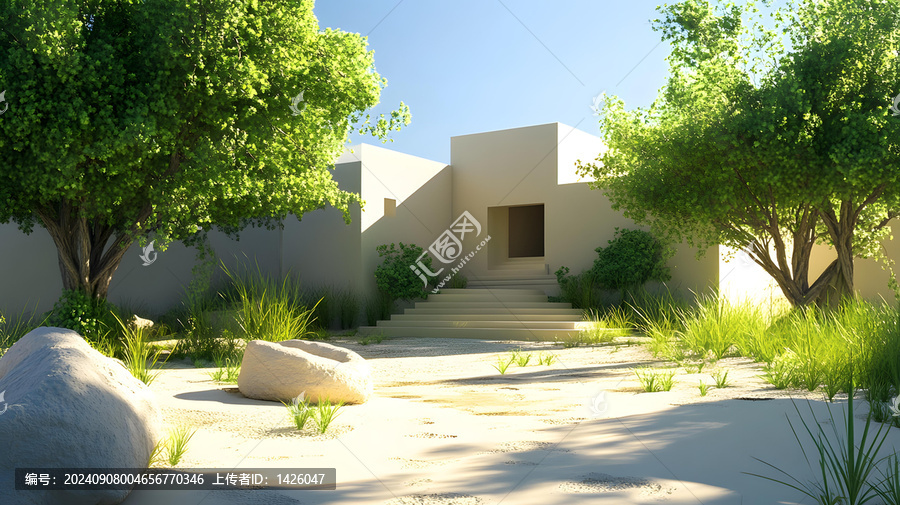極簡(jiǎn)現(xiàn)代風(fēng)格住宅，綠樹掩映，巖石點(diǎn)綴