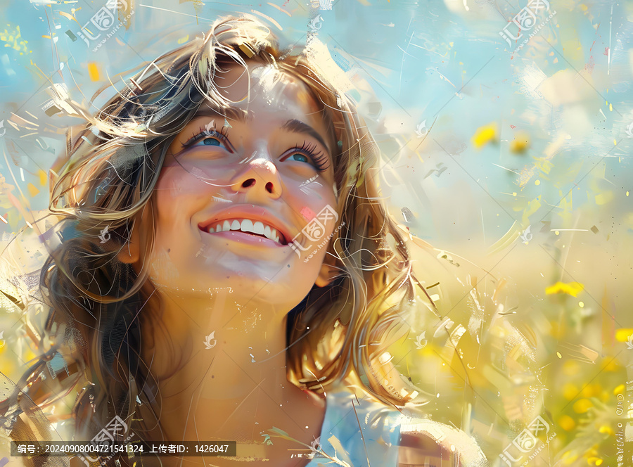 一個金發(fā)碧眼的年輕女子在花海中微笑