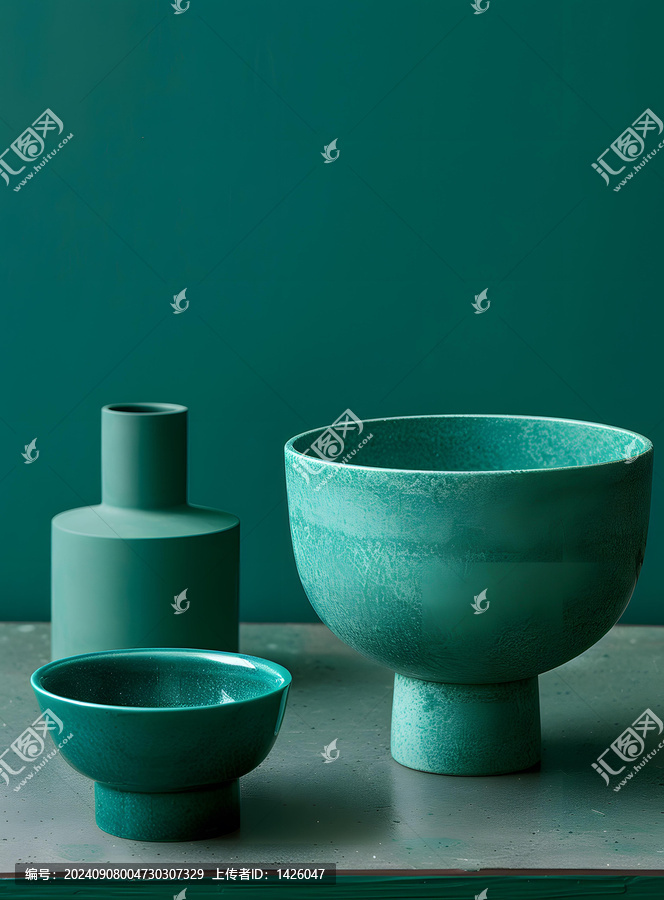 綠色背景上的陶瓷碗和花瓶