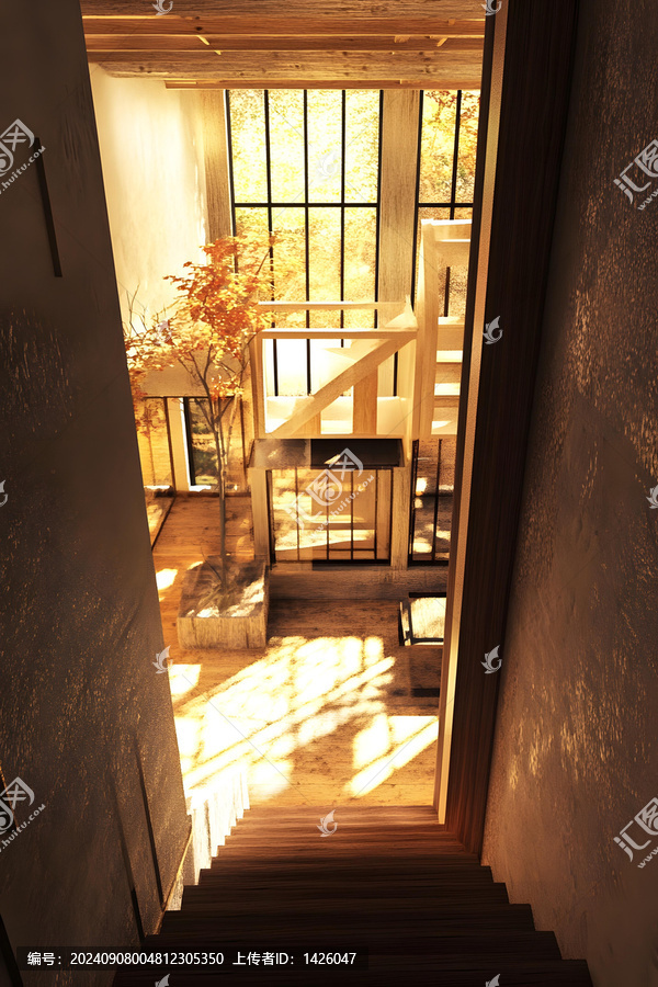 現(xiàn)代室內(nèi)木質(zhì)樓梯設(shè)計(jì)，帶窗戶景觀