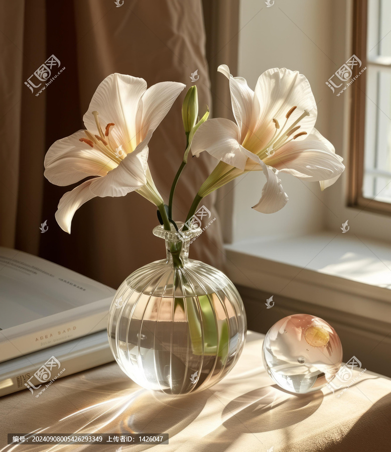 百合花插在玻璃花瓶里花瓶放在窗臺(tái)上