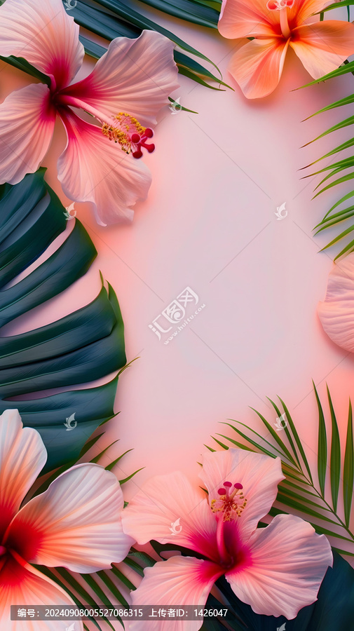 粉色背景上的熱帶花卉和棕櫚葉
