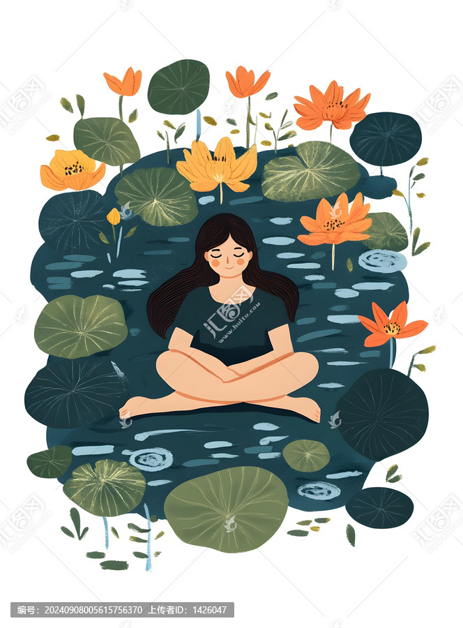蓮花池中冥想的女人