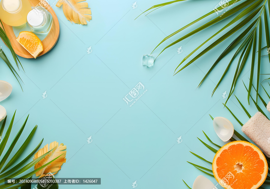 藍(lán)色背景上帶有熱帶樹葉，橙子和貝殼的夏季背景