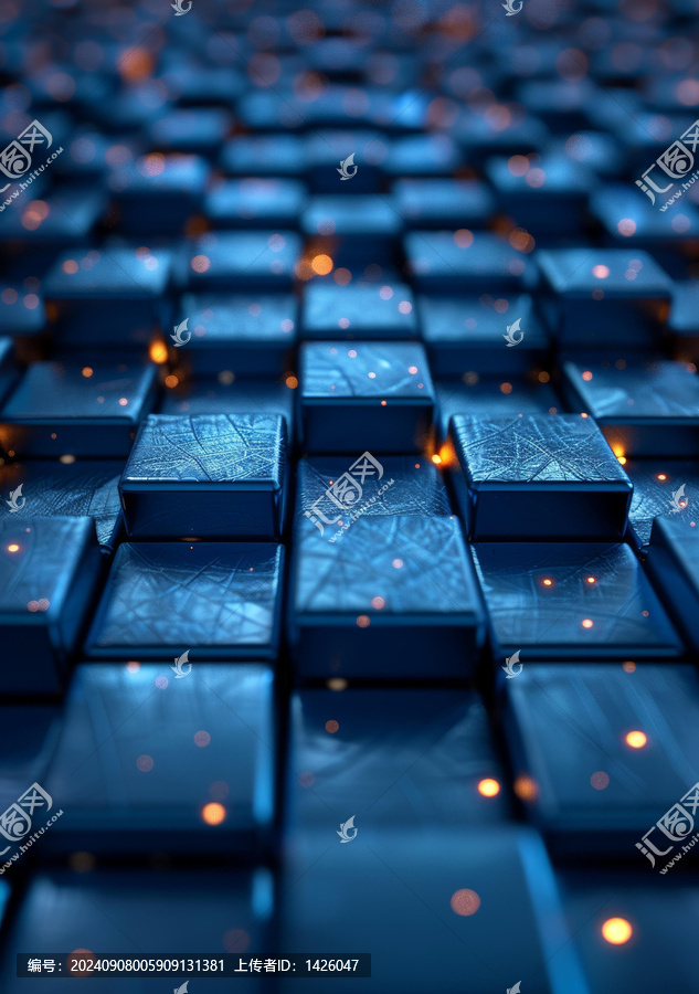 超現(xiàn)實(shí)的藍(lán)色立方體與發(fā)光的橙色燈光