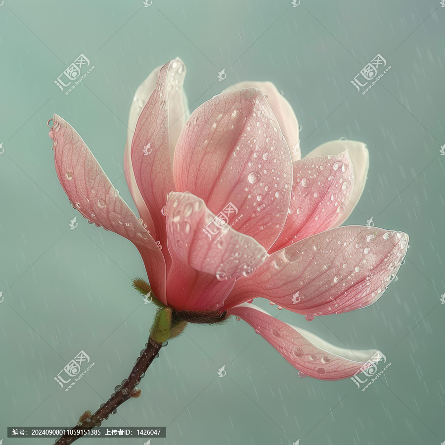 雨滴落在粉紅色的玉蘭花上