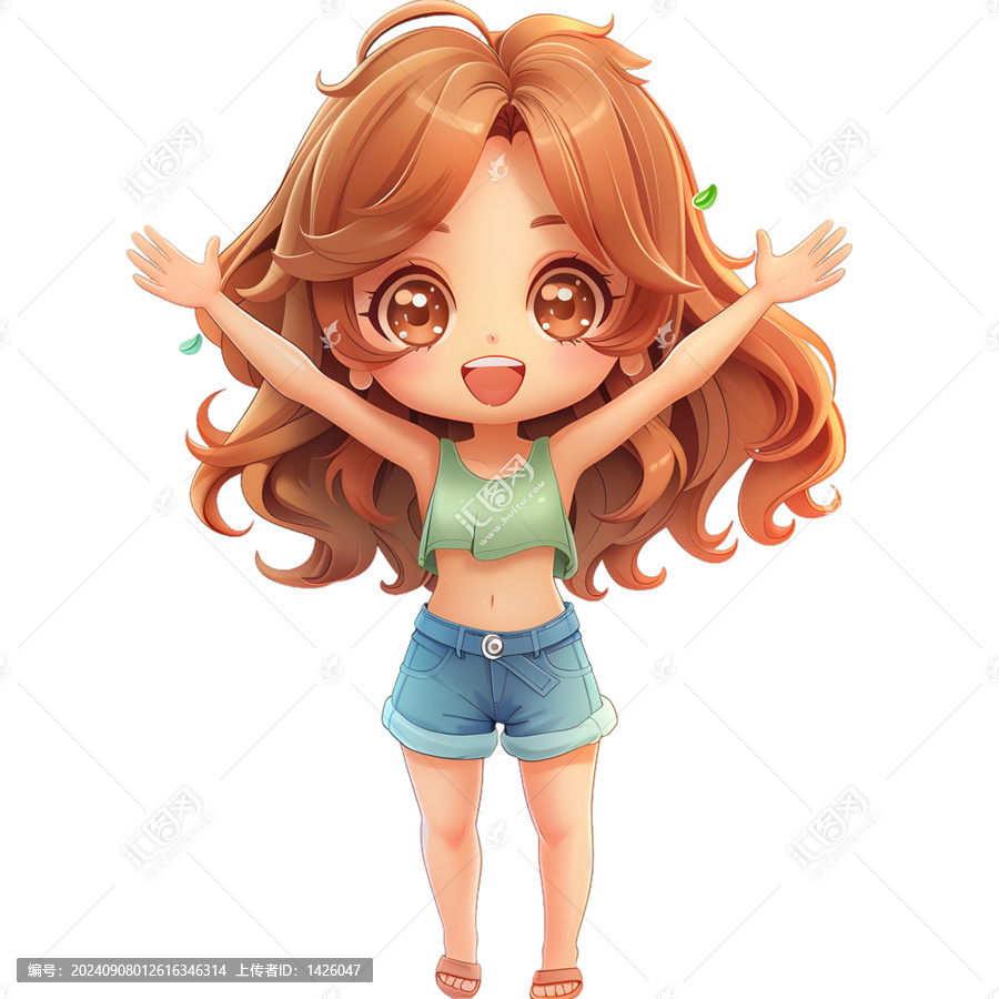 [免摳素材]一個(gè)可愛的長發(fā)棕發(fā)棕眼動(dòng)漫女孩穿著綠色的短款上衣和藍(lán)色的牛仔短褲