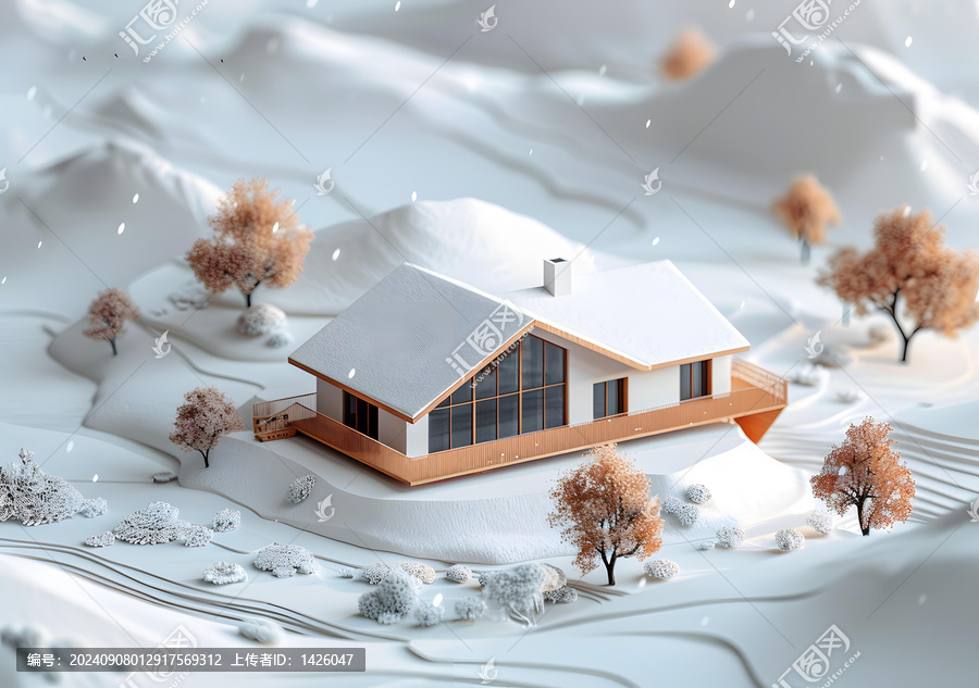 在白雪皚皚的山坡上房屋的3D插圖