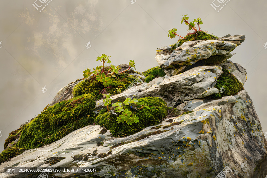山峰上生長著綠植的灰色巖石