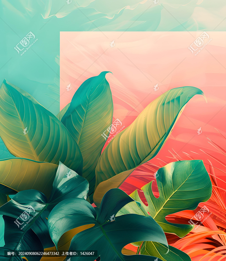 熱帶植物葉子粉色綠色背景