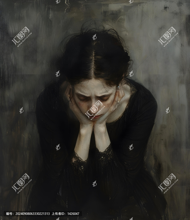 身著黑色連衣裙的沉思女人肖像
