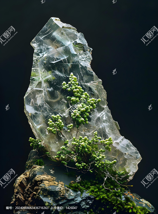 黑色背景下透明石英晶體與綠色植物
