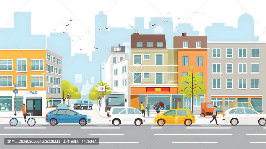 城市街道，建筑、汽車(chē)和人物