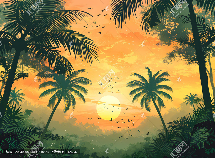 熱帶日落景觀插圖