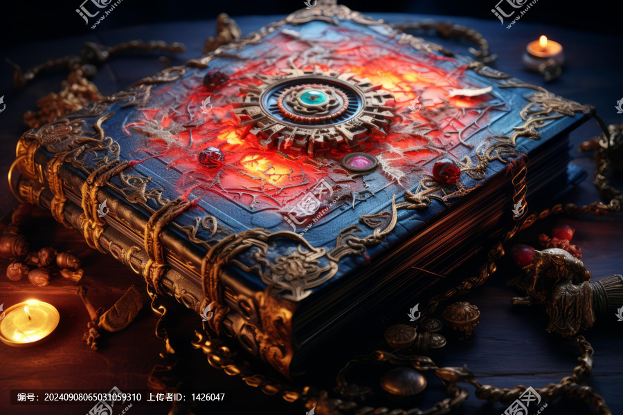 封面帶有發(fā)光綠色眼睛的魔法書(shū)插圖