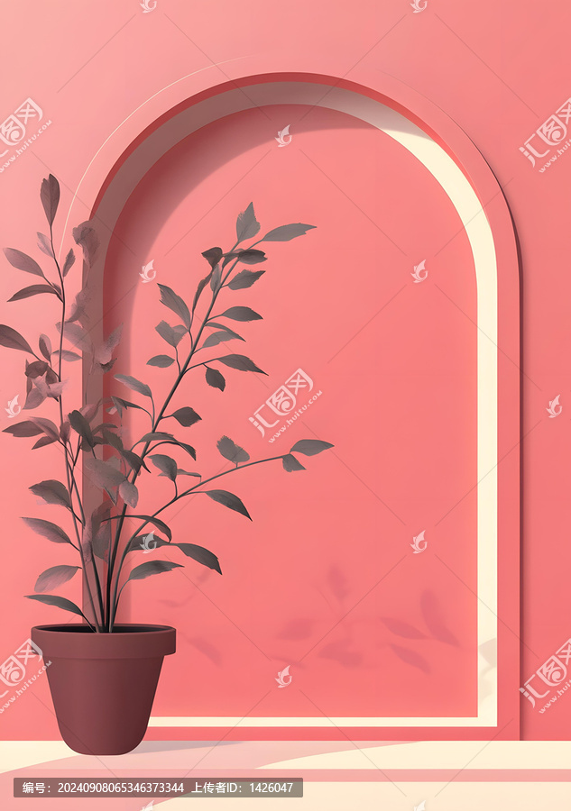 粉色拱門背景簡約綠植設計