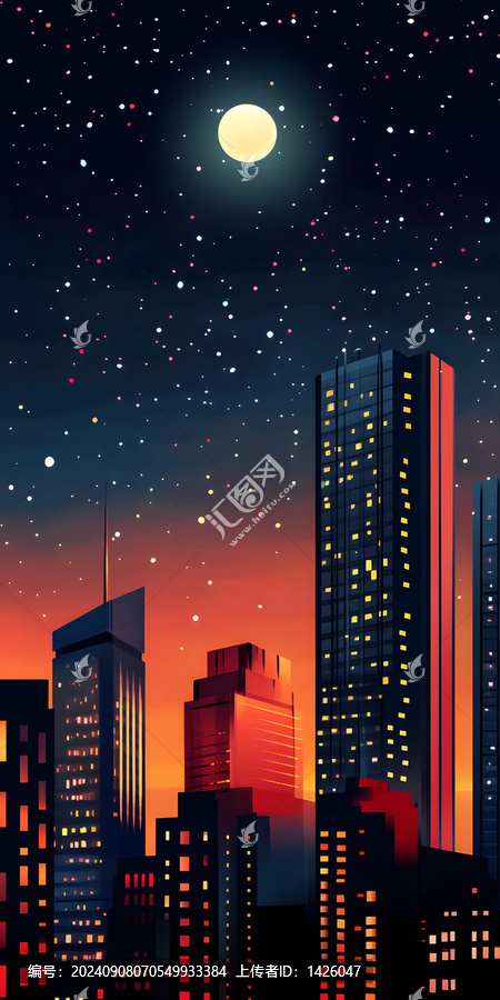 夜空繁星下的城市剪影