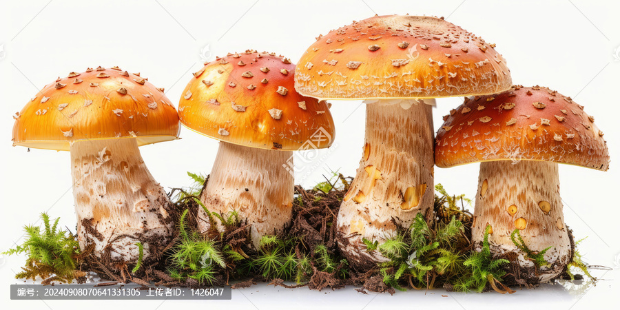 四朵橙色蘑菇菌蓋上布滿了白色斑點
