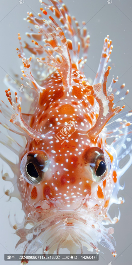 一只紅白相間的大眼睛大魚鰭的魚的特寫