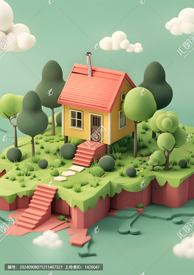卡通風(fēng)格漂浮在空中的黃色小屋