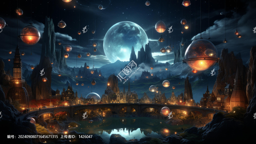 夜幕下漂浮球體的奇幻城市