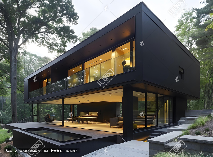 現(xiàn)代黑色住宅，帶泳池和露臺