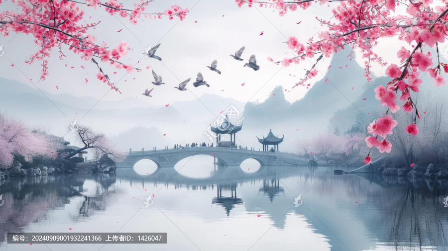 東方風(fēng)格的寶塔和櫻花樹下的石橋
