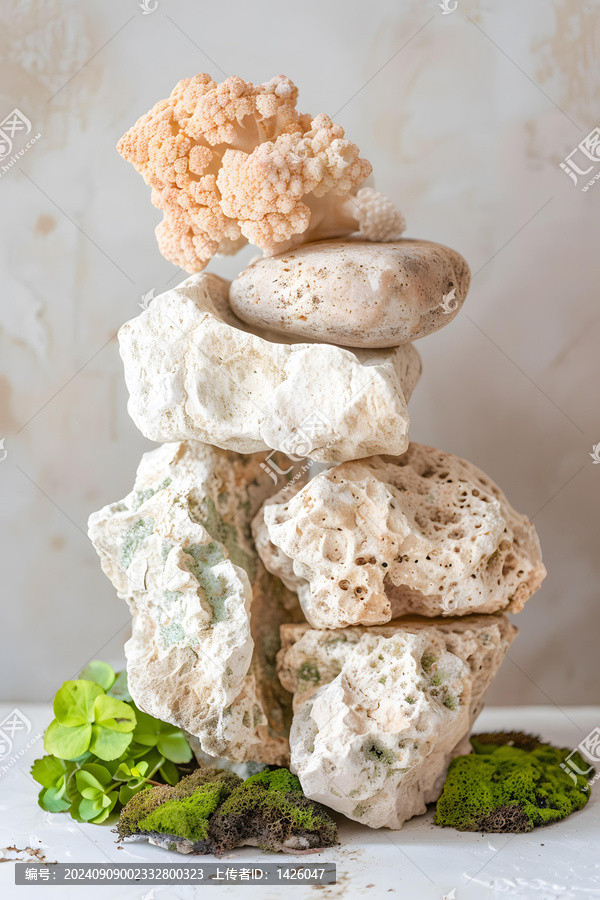 白色石頭堆疊,配綠色苔蘚和花椰菜