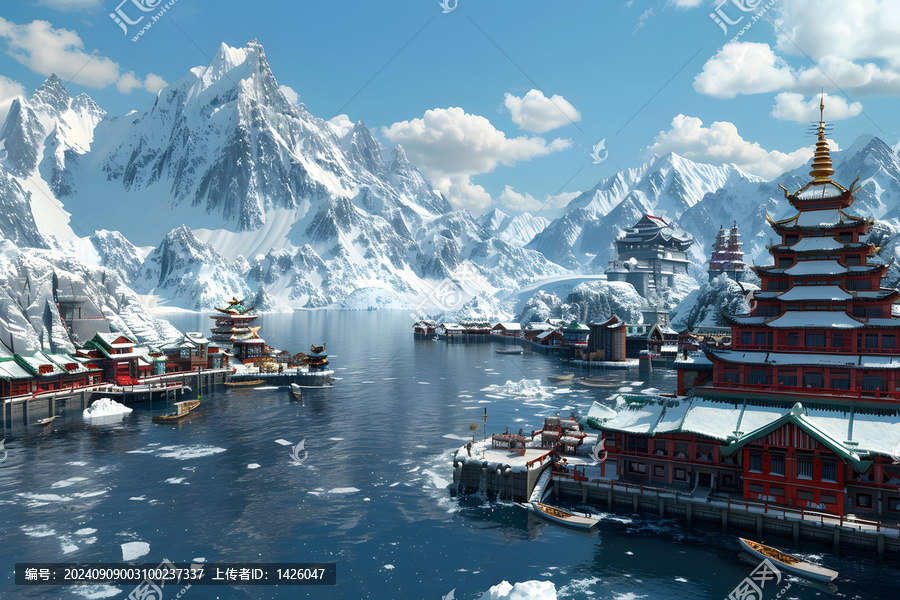 雪山湖畔的中國(guó)建筑冬季風(fēng)景