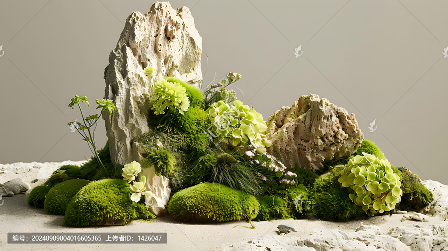 綠色苔蘚巖石和花卉擺設(shè)