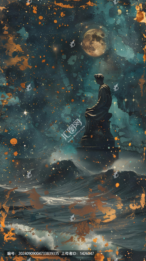 月夜下的沉思者：一個(gè)孤獨(dú)的雕像坐在海上的平臺(tái)上