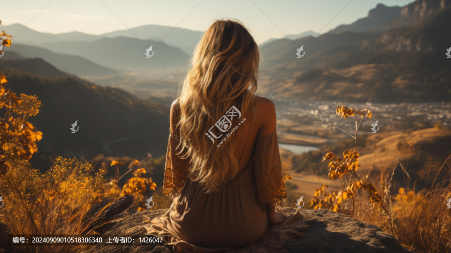 金發(fā)女子坐在巖石上欣賞日落