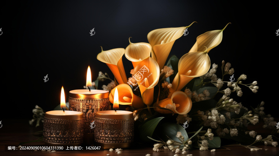 黑色背景下一束黃色的花和三根燃燒的蠟燭