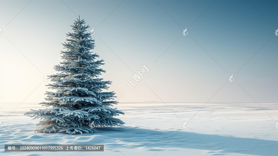 孤獨(dú)的云杉樹矗立在雪地里