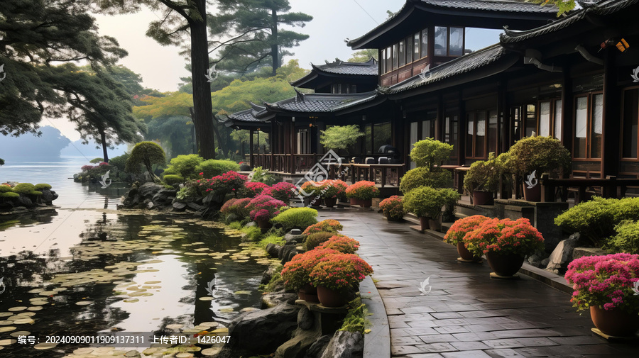 湖邊中式風(fēng)格建筑與鮮花樹木