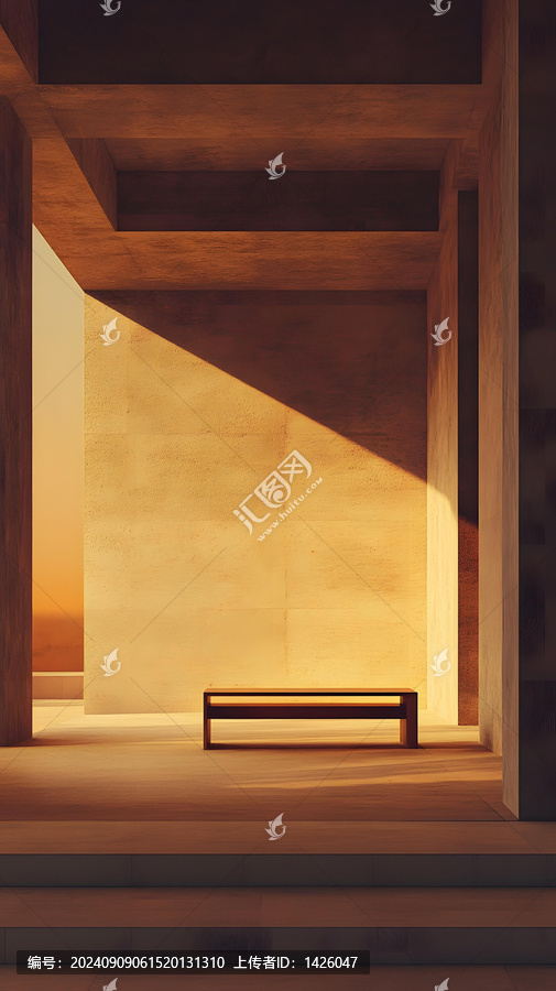 極簡混凝土建筑室內(nèi)木凳