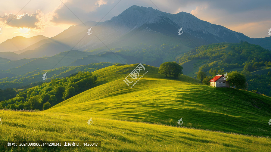 山丘小屋夕照