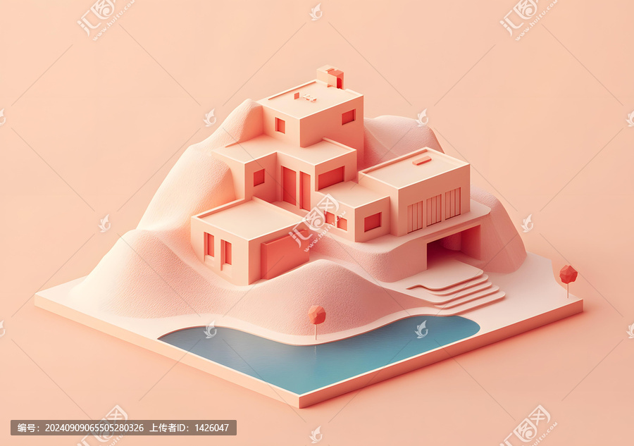 極簡(jiǎn)3D房屋模型,,山頂泳池