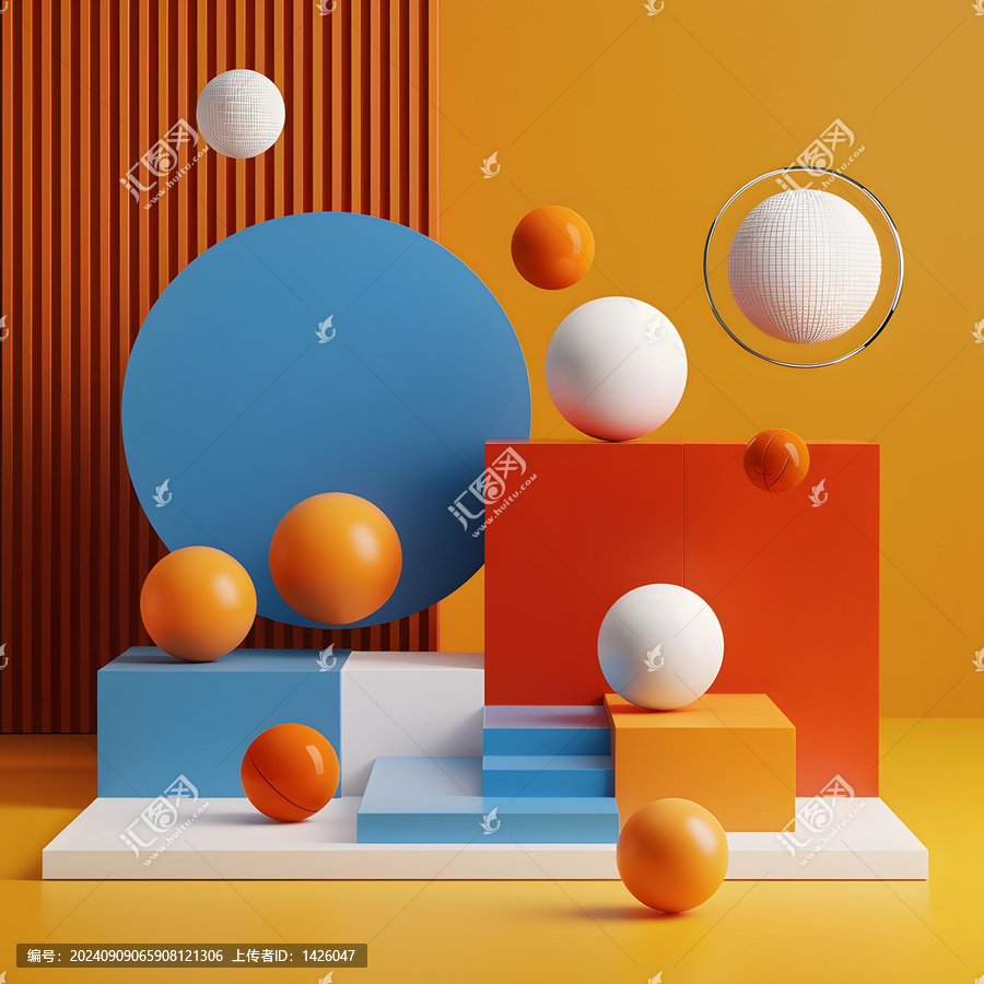 橙色藍(lán)色幾何形狀抽象3D渲染